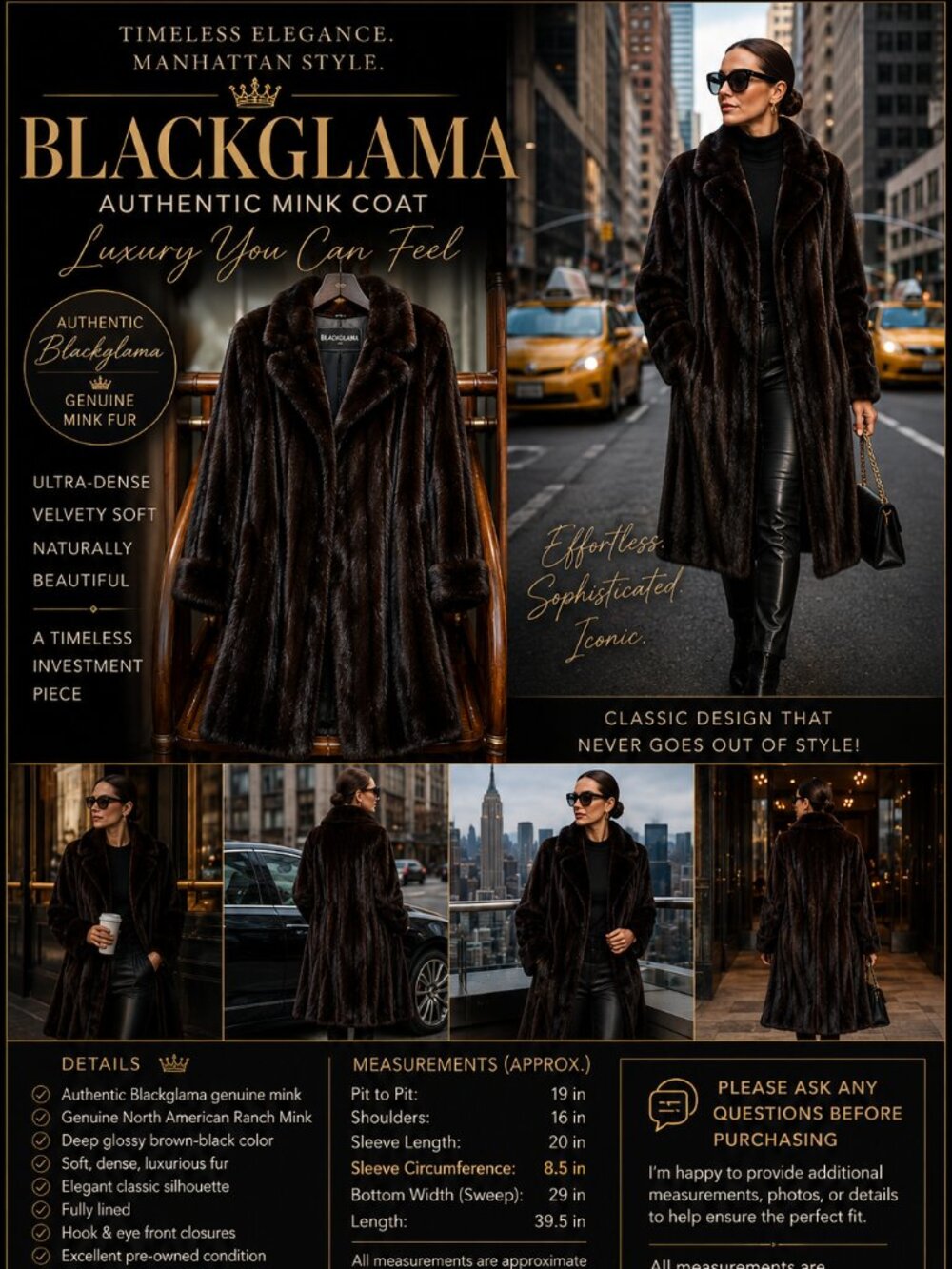 BLACKGLAMA Ranch Mink Coat SM Full Length – Luxury Dark Glossy Fur – Excellent